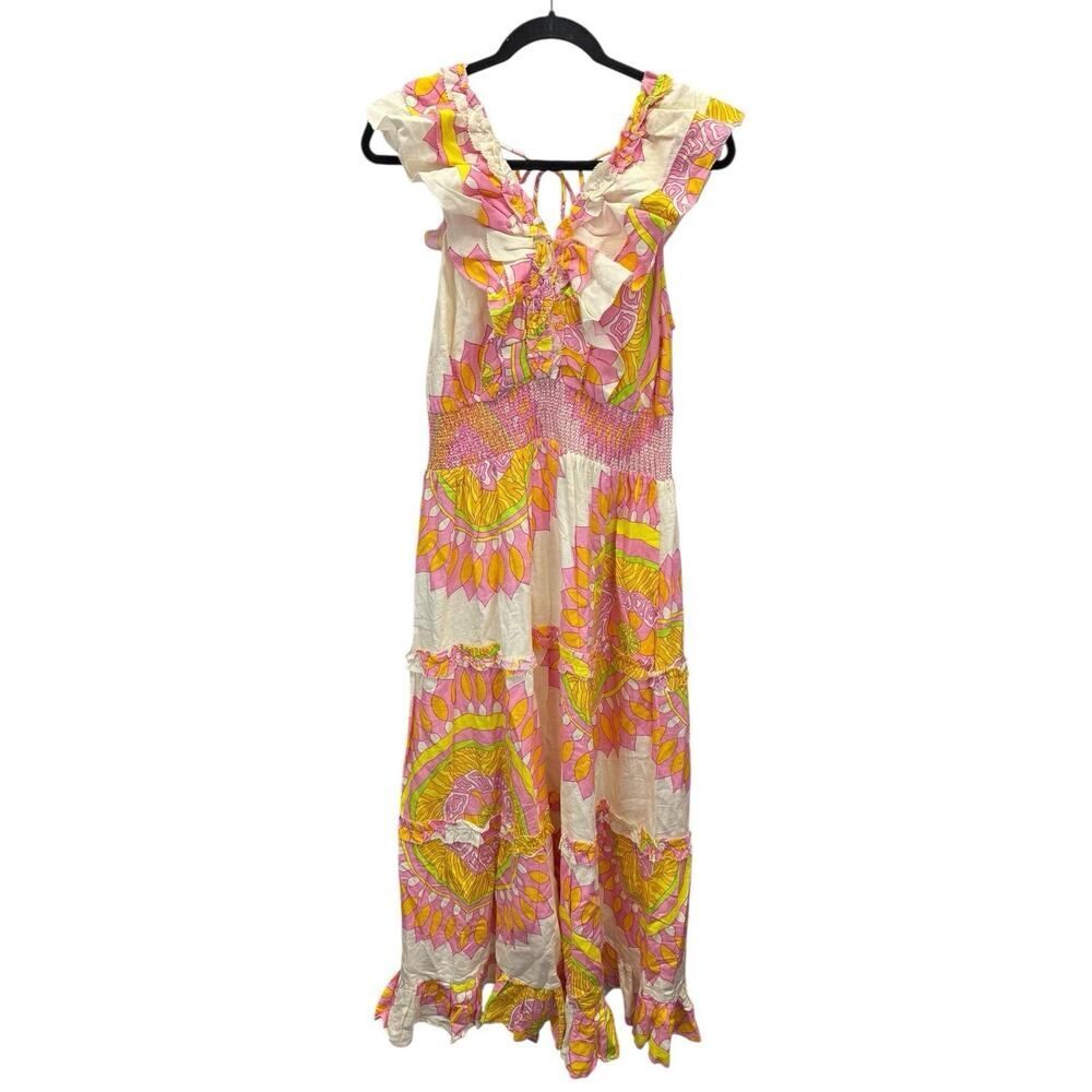 NWT Love the Label Boho Maxi Dress Linen Blend Ruffle Tiered Size L - Picture 7 of 13